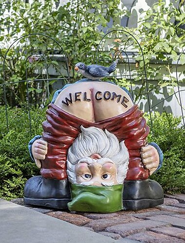  grappige dwergsculptuur - kabouter met een 'welkom'-kont, miniatuurbeeldje fee tuinaccessoires dwerg buiten tuin tuin kunst decoratie huis cartoon welkomstbord hars ornamenten lentegeschenken