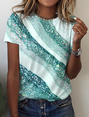  Damen T-Shirt Basic Print Kurzarm Normal Oberteile Rundhals Alltag Wochenende Gelb Rosa Blau Grün Grau