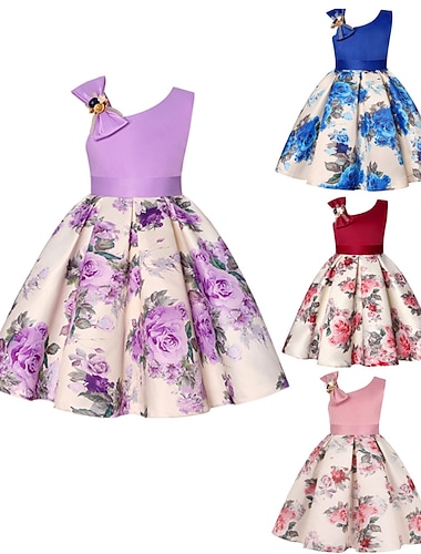  Kinderen Voor meisjes Feestjurk Bloemig Mouwloos Prestatie Vuosipäivä Halster Tie Knoop Elegant Aanbiddelijk Zoet Katoen Tot de knie Feestjurk Bloemetjesjurk Zomer Lente 3-13 jaar bordeaux Blozend