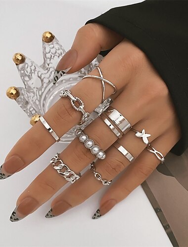  Femme Bague / Anneaux Mariage Géométrique Argent Chrome Mini Punk Personnalisé mode 10 pièces