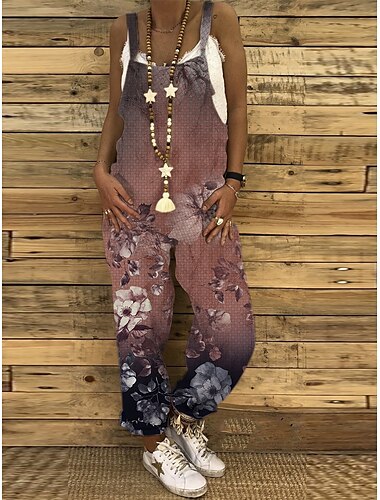  Jumpsuits für Damen, Blumen-Overall, Knopftasche, Tiermuster, U-Ausschnitt, Urlaub, Alltag, Urlaub, gerade, normale Passform, ärmellos, ärmellos, Schwarz, Weiß, Grün, S, M, L