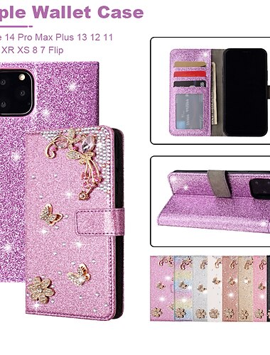  Funda de teléfono para iPhone 16e iPhone 15 Pro Max Plus iPhone 14 13 12 11 Pro Max Mini X XR XS Max 8 7 Plus Funda de billetera tipo flip con soporte protector de cuerpo completo bling glitter