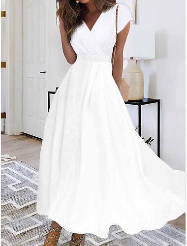  Mujer Vestido largo maxi Vestido blanco Vestido informal Vestido de raso Color puro Casual Maduro Exterior Diario Cita Frunce Manga Corta Escote en Pico Vestido Ajuste regular Blanco Rosa Rojo Verano