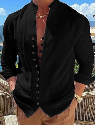  Herren Hemd leinenhemd Sommerhemd Lässiges Hemd Knopfhemd Glatt Urlaub Curise Schwarz Weiß Rosa Blau Langarm Stehkragen Sommer Frühling & Herbst Bekleidung