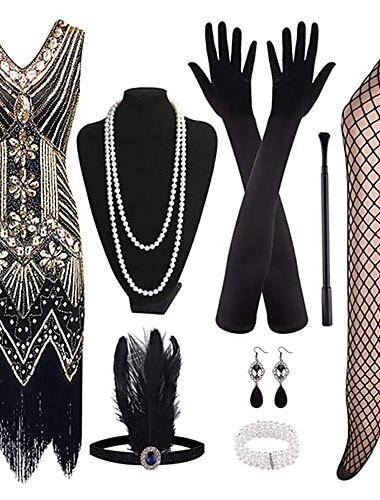  Retro / vintage Glada 20-talet 1920-talet Flapper-klänning Klänningar Kläder Halsband / örhängen Den store Gatsby Bröllopsgäst Paljetter Tofs Dam Fest / afton Maskerad Bröllopsfest Vuxna Klänning