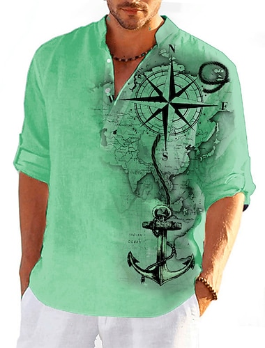 Voor heren Watersport Anker Wijnoogst Overhemd Overhemd met knopen Lange mouw Vintage Modieus Streetwear Dagelijks Uitgaan Zomer Lente Herfst Opstaand Afdrukken Bruin Groen Khaki Grijs