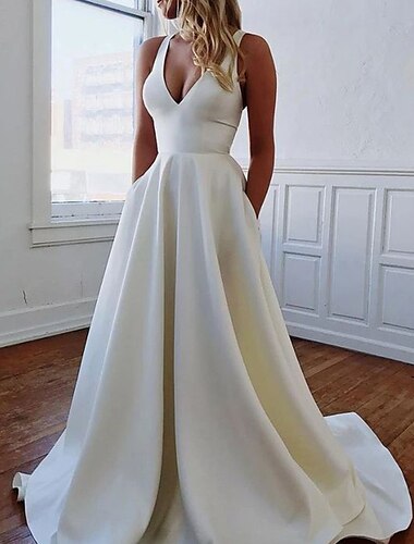  Простые свадебные платья трапеции с v-образным вырезом без рукавов, атласные свадебные платья со шлейфом и карманами 2024