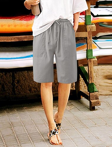  Damen Shorts aus Baumwollleinen Bermudashorts Mode Basic Lässig Knielang Mittlere Taille Einfach Kordelzug Seitentaschen Baggy Komfort Unelastisch Urlaub Straße Ferien Schwarz Weiß Dunkel Blau Khaki