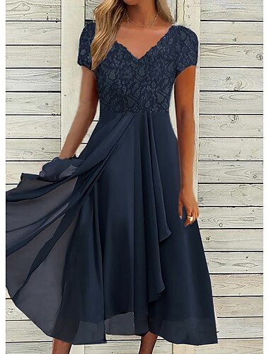  Women's Elegant A-Line Midi Dress V-Neck Lace Short Sleeve Chiffon Flowy Navy Blue Evening Party Wedding Summer