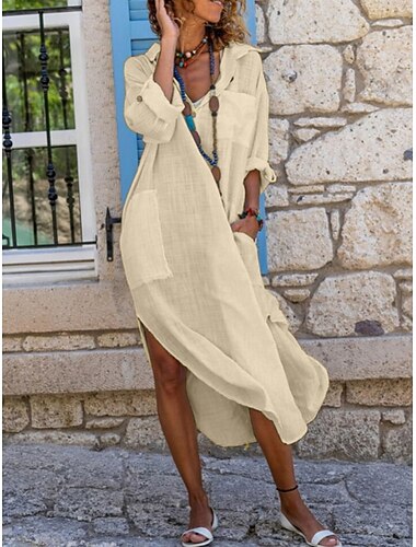  Női Maxiruha Ingruha Pamut vászon ruhák Fekete ruha hétköznapi ruha Modern Alkalmi Napi Normál Sima Háromnegyedes V-alakú Fekete Arcpír rózsaszín khakizöld Tavasz Ősz