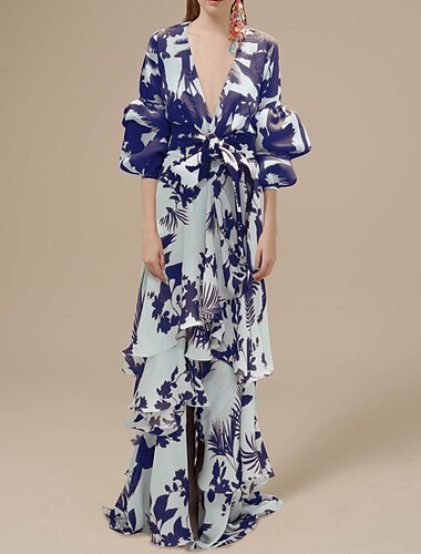  A-Line Floral Dress Beach Wedding Summer Maxi Dresses for Women Holiday Casual Dress Floor Length Long Sleeve V Neck  with Print Strappy  dress to impress Wedding Guest Dress