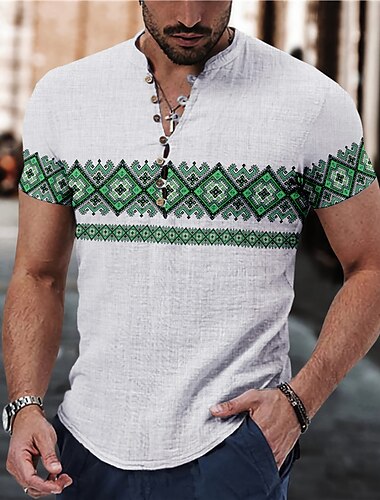  Herren Geometrie Ethnisch Hemd leinenhemd Knopfhemd Kurzarm Modisch Strassenmode Designer Outdoor Casual Täglich Frühling Sommer Ständer Bedruckt Gelb Blau Grün Grau