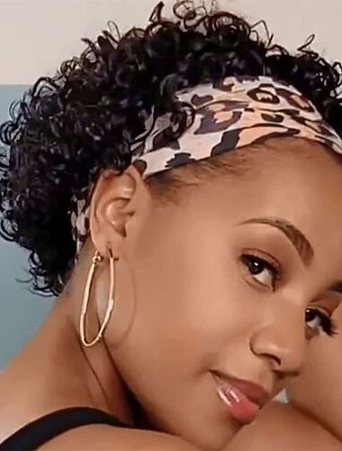  Perucas sintéticas Encaracolado Com Faixa de Cabelo Fabrico à Máquina Peruca Curto Preto Cabelo Sintético Mulheres Macio Festa Moda Preta