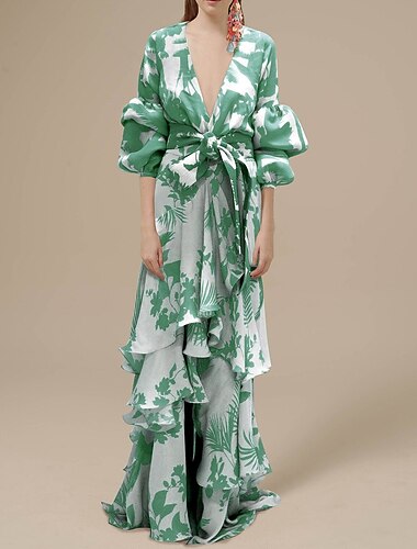  A-Lijn Bloemjurk Strand Bruiloft Zomer Maxi Jurken voor Vrouwen Vakantie Casual Jurk Vloerlengte Lange Mouw V Hals met Print Strappy jurk om indruk te maken Bruiloft Gast Jurk