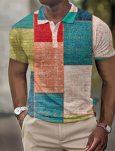  Herren Karomuster Waffel-Poloshirts Golfshirt Kurzarm Polo-Shirts Hemden mit Kragen Vintage Lässig Urlaubskleidung Formelle Kleidung Festivalkleidung Knöpfe 3D-Druck Gelb Rote Blau