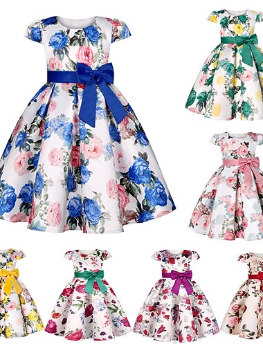 Děti Dívčí Šaty Květinové šaty Květiny Krátký rukáv Výročí Párty Kravatový uzel Mašle Rozkošný Princeznovské Sladký Polyester Délka ke kolenům Bruslařské šaty Skládané šaty Květinové šaty Léto Jaro