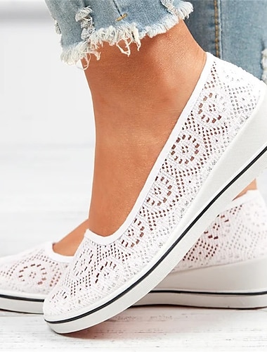  Zapatillas de cuña blancas con cordones para mujer: zapatos planos informales de malla transpirable, ligeros y cómodos para caminar a diario en verano.