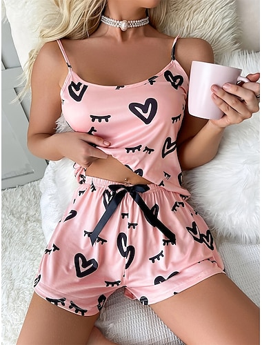  pyjamas för kvinnor pyjamastopp och byxuppsättningar hjärta avslappnad komfort mjukt hem daglig säng polyester remmar som andas ärmlösa rem top shorts elastisk midja sommar vår hem outfits