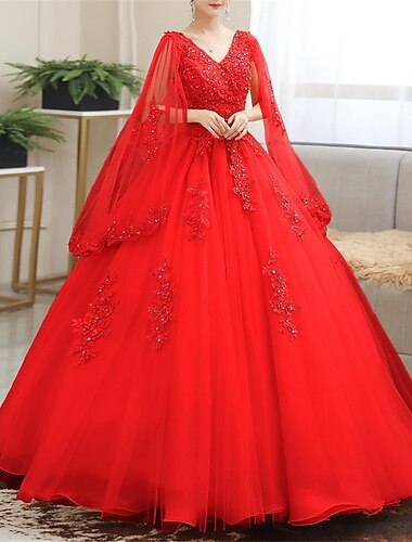  Ballkleid Quinceanera-Kleider Prinzessinnenkleid Rot-Grün-Kleid Sweet 16 Bodenlanges Kurzarm-V-Ausschnitt-Tüllkleid mit Applikationen zum Beeindrucken 2025