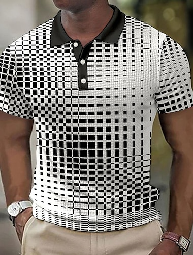  Herr POLO Shirt Våffelpikétröja Lapel Polo Knapp upp Polos Golftröja Pläd / Rutig Grafiska tryck Geometri Nedvikt Blågrön Vit Gul Rodnande Rosa Blå Utomhus Gata Kortärmad Mönster Kläder Mode Designer