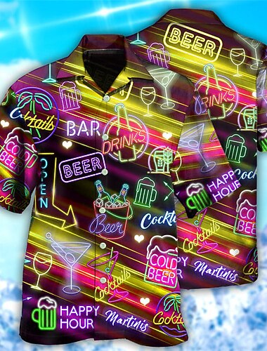  Voor heren Bier Kleurrijk Brieven Overhemd Hawaiiaans overhemd Aloha-shirt Korte mouw Overhemd Strijkijzer Tropisch Modieus Hawaii Casual Hawaii Feestdagen Geel blauw Paars S M L