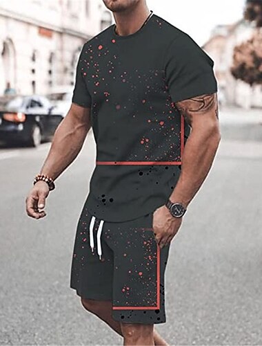  Herren Grafik Farbblock 2St T-Shirts-Sets Shorts und T-Shirt-Set T-Shirt-Outfits Kurzarm Rundhalsausschnitt Designer Lässig Bequem Outdoor Urlaub Täglich 3D-Druck 2 teilig Frühling & Sommer Schwarz