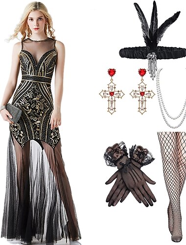  Retro Vintage Goldene Zwanziger 1920er Lange Länge Flapper Kleid Cocktailkleid Flapper-Stirnband Kopfschmuck Tropfen-Ohrringe Halskette Ärmellos Hochzeitsgast Pailletten Pailletten Rundhals Damen