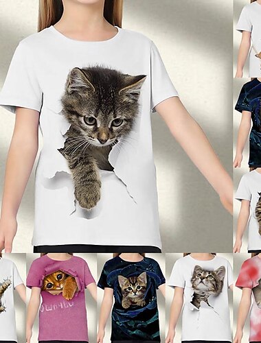  Kinder Mädchen T-Shirt Kurzarm Katze Grafik Tier Regenbogen Kinder Oberteile Aktiv nette Art 3-12 Jahre