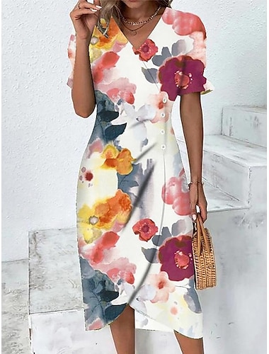 Dames Midi Jurk Sheath Jurk Wikkel Jurk Bloemenprint Asymmetrische V-hals Dagelijks Date Korte Mouw Zomer Lente
