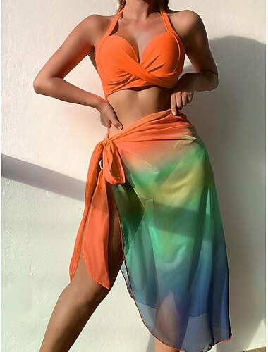  Femme Normal Maillots de Bain Bikinis Fond de plage Trois pièces Jupe Maillot de bain 3 Pièces Imprimé Tenues de plage Eté Dégradé de couleur Sans Manches Maillots de bain