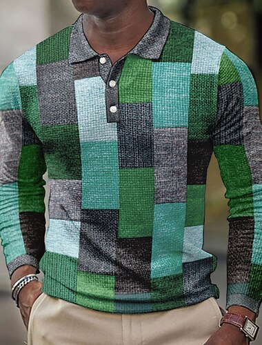  Herren Karomuster Waffel-Poloshirts Golfshirt Langarm Polo-Shirts Hemden mit Kragen Vintage Lässig Urlaubskleidung Formelle Kleidung Festivalkleidung Knöpfe 3D-Druck Blau-Grün Gelb Blau