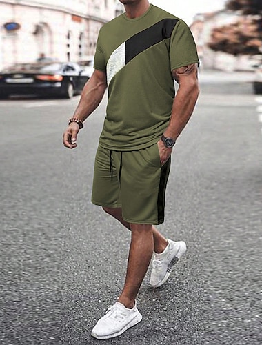  Herren 2-teiliges Outfit Set aus T-Shirt und Shorts mit Kordelzug Kurzarm Rundhalsausschnitt Sommer Farbblock Mode Sport Lässig 2 teilig Urlaub Lässig Alltagskleidung Schwarz Gelb Grün Top T-Shirt
