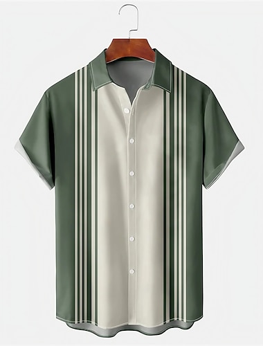  男性用 シャツ ボーリングシャツ ボタンアップシャツ サマーシャツ グリーン 半袖 カラーブロック 縞 折襟 プリント 日常 祝日 ボタンダウン 衣類 ヴィンテージ ハワイアン 1950年代風 カラーブロック