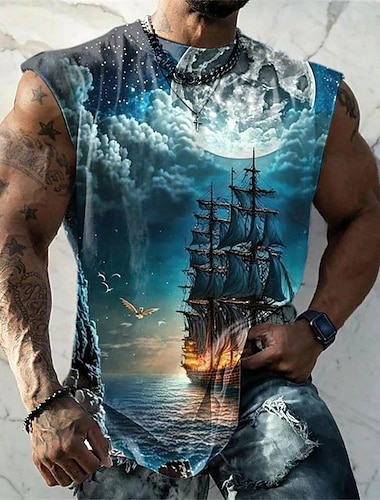  Ανδρικά Τοπ γιλέκου Αμάνικο μπλουζάκι για άντρες Γραφική Σύννεφο Πλοίο Ναυτικό Στρογγυλή Ψηλή Λαιμόκοψη Ρούχα 3D εκτύπωση Καθημερινά Αθλητικά Αμάνικο Στάμπα Μοντέρνα Υψηλής Ποιότητας Μυς