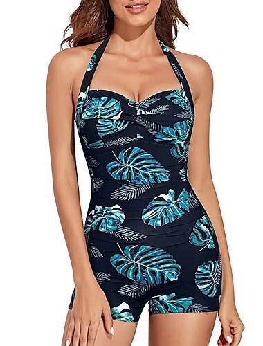  Damen Normal Badeanzug Ein Stück Monokini Bademode Halfter Bauchkontrolle Rückenfrei Print Urlaub Modisch Bäume / Blätter Einfarbig Gurt Ärmellos Badeanzüge