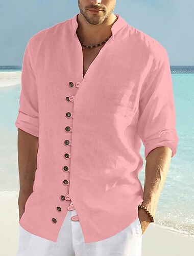  Per uomo Camicia camicia di lino Camicia estiva Abbigliamento mare Camicia con bottoni Liscio Da mare Curise Nero Bianco Rosa Blu Manica lunga Colletto Primavera estate Abbigliamento