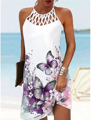  Damen Neckholder-Minikleid mit Blumenmuster und Cut-Out-Print für den Alltag, Urlaub, ärmellos, Sommer, Frühling