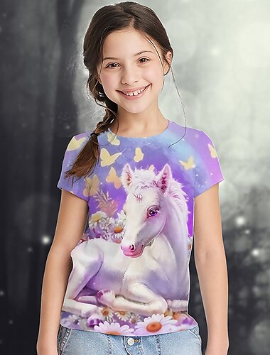  Mädchen 3D Graphic Tier Regenbogen T-Shirt Kurzarm 3D-Druck Sommer Aktiv Kuschelig kinderkleidung 2-13 Jahre Schulanfang