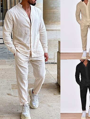 Hombre 2 Piezas Conjunto de camisa Camisa de verano Camisa de playa Negro Blanco Beige Manga Larga Plano Escote Chino Primavera verano Hawaiano Festivos Ropa Bolsillo