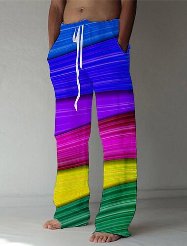  Homens Calças Calça verão Calças de praia Bolsos Com Cordão Cintura elástica Arco-Íris Estampas Abstratas Conforto Respirável Casual Diário Feriado Roupa de rua Designer Amarelo Azul