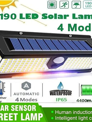  Appliques murales extérieures solaires 190 led capteur de mouvement lumière étanche 4 modes pour jardin escalier clôture porte pont cour allée 3-en-1 rouge bleu blanc led