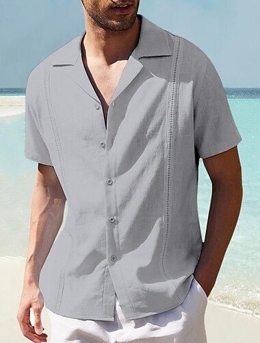  Pánské Košile plátěná košile Bavlněná lněná košile Košile Guayabera Letní košile Plážová košile Bez vzoru Dovolená Ležérní Černá Bílá Námořnická modř Vodní modrá Krátký rukáv Camp Collar Léto Oblečení