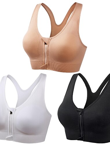  Lot de 3 soutiens-gorge de sport à maintien élevé pour femme soutien-gorge de course à glissière sans couture devant dos nageur soutien-gorge rembourré yoga fitness gym entraînement respirant antichoc séchage rapide kaki noir blanc couleur unie