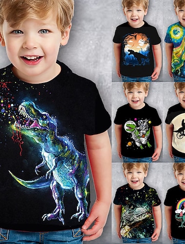  Barn Gutt T skjorte Kortermet Dinosaur 3D-utskrift Grafisk Dyr Svart Barn Topper Sommer Aktiv Kul søt stil Skole Dagligdagstøy 3-12 år