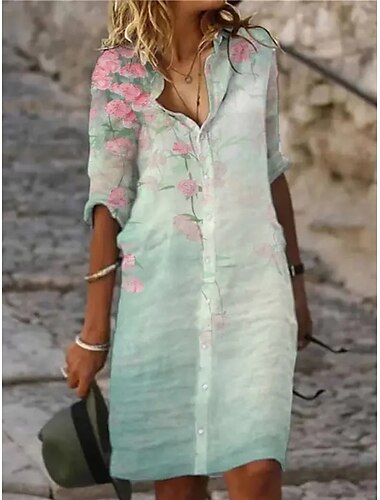  Damen Hemdblusenkleid Freizeitkleid Etuikleid Midikleid Outdoor Alltag Urlaub Mode Modern Hemdkragen Knopfleiste Print Halbarm Sommer Frühling Regular Fit Blume