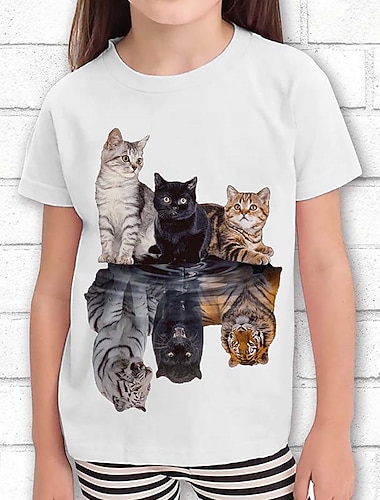  Flickor 3D Grafisk Katt Hund T-shirt Kortärmad 3D-tryck Sommar Vår Aktiv Mode söt stil 100 % bomull Barn 3-12 år Utomhus Ledigt Dagligen Normal