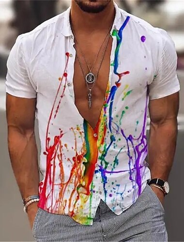  Per uomo Arcobaleno Geometrica Orgoglio Camicia Camicia con bottoni Manica corta Di tendenza Streetwear Originale Esterno Giornaliero Per uscire Estate Primavera Collo ripiegabile Stampa Bianco Verde