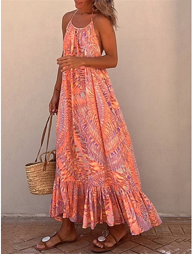  Damen Maxikleid Boho-Kleid Boho Chic Kleider Blatt Böhmen Brautkleider schlicht Täglich Festtage Rüsche Rückenfrei Ärmellos Halfterhals Kleid Regular Fit Orange Sommer Frühling S M L XL