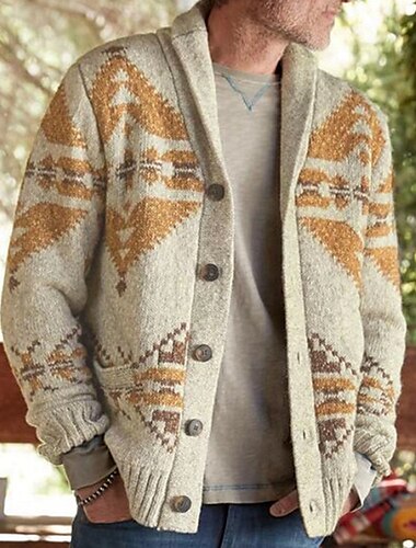  Men's Sweater Cardigan Knit Vintage Style Retro Geometric Shirt Collar Stylish Sweaters Daily Wear Clothing Apparel Fall Winter Khaki Gray M L XL