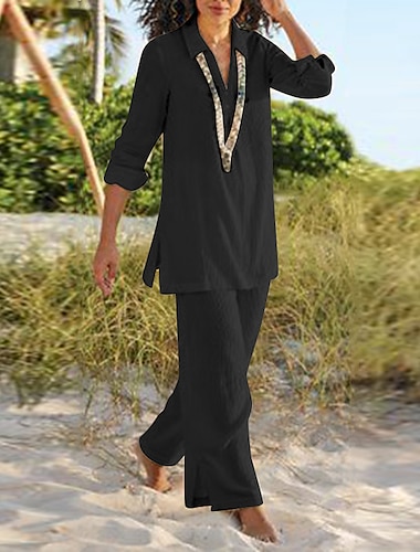 Women's Pants Sets Plain Casual Daily Elegant Vintage Fashion Long Sleeve V Neck Black Summer Spring